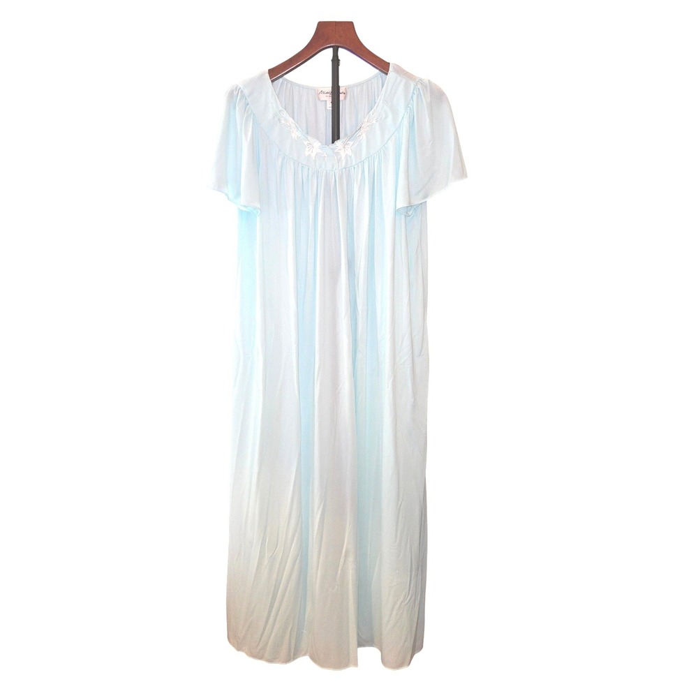 Miss Elaine Nightgown Womens Med Blue Floral Embroidered Nylon Sleepwear 50809BT